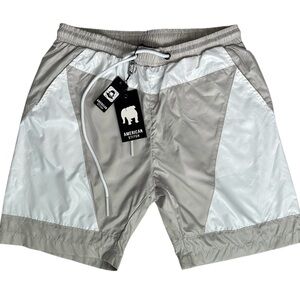 AMERICAN STITCH Men’s Nylon Shorts Gray White Elastic Drawstring Mid Thigh Sz. M